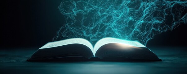 Poster - An open book emits a mystical blue light, suggesting knowledge and creativity, set against a dark background.