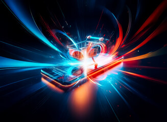 Fototapete - A neon shopping cart rests on a brightly lit smartphone, symbolizing digital retail and the futuristic landscape of online purchasing.