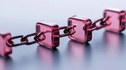 Poster - A close-up of a vibrant pink chain link with square links, showcasing a modern, artistic design against a smooth surface.