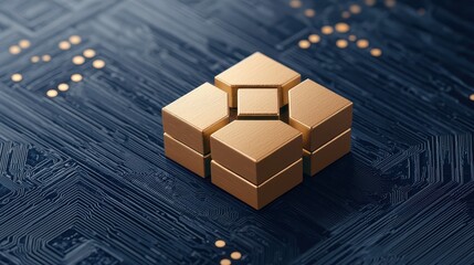 Aufkleber - A close-up of golden geometric shapes on a dark circuit-patterned background, symbolizing technology and innovation.