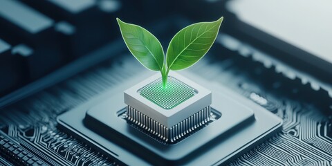 Aufkleber - A computer chip features a small plant growing from it, symbolizing the fusion of technology and nature.