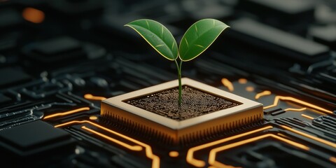 Aufkleber - A small green plant sprouts from a computer chip, symbolizing the fusion of technology and nature in a modern, digital context.