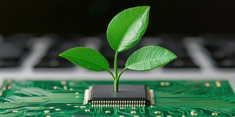 Aufkleber - A vibrant green plant emerges from a microchip, symbolizing the fusion of technology and nature in an eco-friendly innovation.