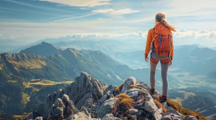 Aufkleber - A hiker wearing an orange jacket and a backpack gazes at the stunning mountain vista with rolling hills and a clear sky. The sun illuminates the scene.
