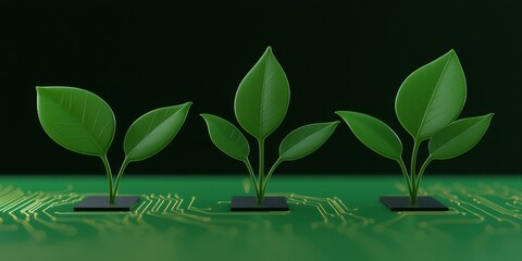 Aufkleber - A vibrant image of green leaves growing from a circuit board, symbolizing the fusion of nature and technology.