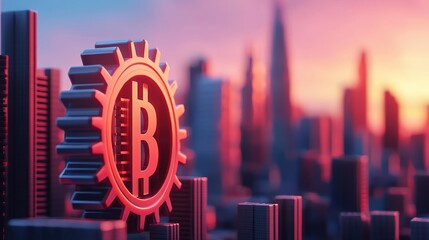 Poster - A vibrant city skyline featuring a prominent Bitcoin symbol, representing the intersection of cryptocurrency and urban development at sunset.