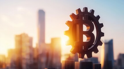Aufkleber - A Bitcoin symbol integrated with a gear against a city skyline at sunset, representing the fusion of technology and finance.