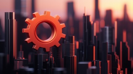 Poster - A vibrant city skyline with a prominent orange gear symbolizing innovation and industry, set against a twilight backdrop.