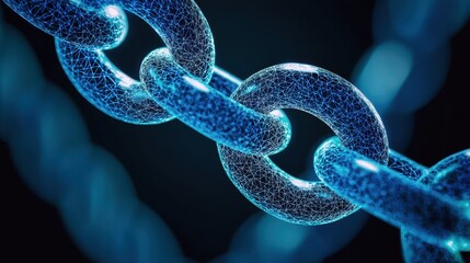 Aufkleber - A close-up of a glowing blue chain link, emphasizing its interconnectedness and digital textures against a dark background.