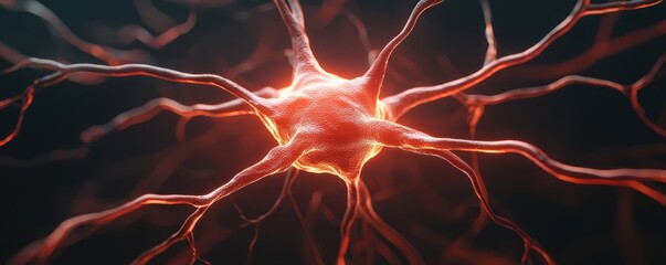 Poster - A close-up view of a neuron showcasing its intricate structure and glowing connections, representing the complexity of the nervous system.