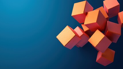 Aufkleber - A cluster of vibrant orange cubes dynamically arranged against a smooth blue background, creating a modern and abstract visual effect.