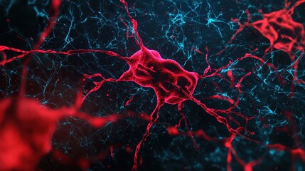 Poster - A vibrant close-up of neurons, showcasing intricate red and blue connections that highlight the complexity of neural networks.
