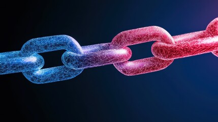 Poster - A close-up view of interlinked chains in blue and red, symbolizing connection and security against a dark background.