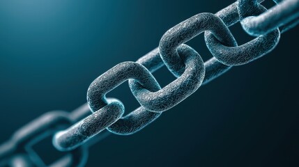 Poster - A close-up view of a metallic chain link against a blurred, dark blue background, highlighting its texture and strength.