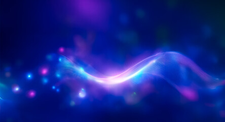 Wall Mural - abstract flowing wave of light with bokeh effect on a dark blue background. vibrant colors of blue, 