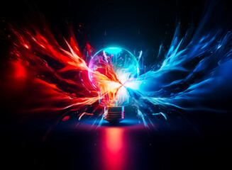 Poster - A vibrant lightbulb with glowing circuits illuminates the dark. Bright, colorful energy radiates from within this technological marvel.