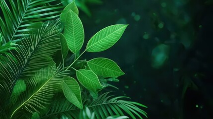 Aufkleber - A lush arrangement of green leaves set against a dark background, creating a vibrant and serene natural atmosphere.