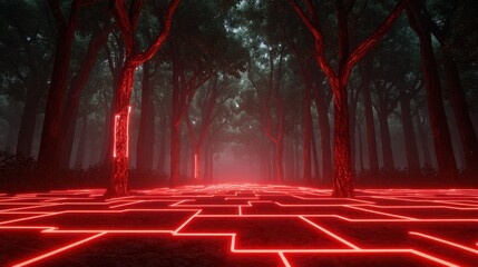 Poster - A mystical forest pathway illuminated by striking red lights, creating a surreal and futuristic atmosphere amidst dense trees.