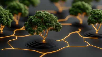 Poster - A stylized scene featuring illuminated trees on a dark surface, creating an enchanting contrast between nature and technology.