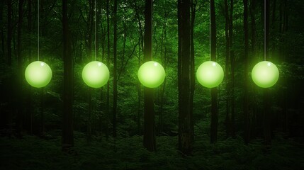Poster - Five glowing green spheres hang in a dark forest, creating an enchanting and mysterious atmosphere amidst lush greenery.