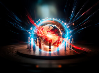 Leinwandbilder - Wooden figures encircle a globe on a platform, bathed in a bright, focused light. A symbolic representation of global unity and connection.