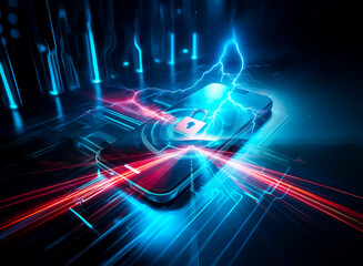 Poster - Smartphone with a glowing padlock icon on screen, surrounded by illuminated lines, suggests digital security and technology in a dark, futuristic setting.