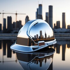 A reflective hard hat sits against a backdrop of a vibrant city skyline, symbolizing safety and progress in the construction industry.