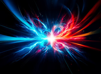 Aufkleber - Vibrant energy bursts forth in electric blue and fiery red branches from a central point of intense light against a stark black backdrop, creating a dynamic and symmetrical abstract design.