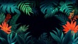 © Artajar - Vivid tropical foliage with vibrant blooms creating a captivating jungle frame against a dark backdrop providing space for your message