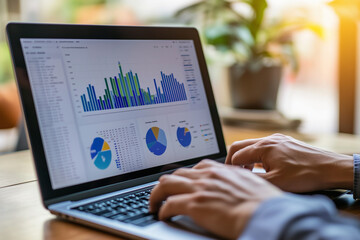 Aufkleber - person is typing on a laptop with a graph on the screen. The graph shows a series of pie charts and bar graphs. The person appears to be working on a project or analyzing data