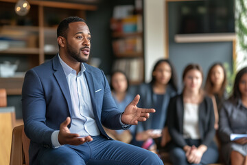 Poster - man in a blue suit is giving a presentation to a group of people. Scene is professional and serious, as the man is dressed in a suit and he is focused on his presentation