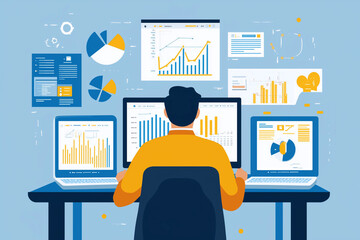 Aufkleber - man is sitting at a desk with multiple computer monitors and a keyboard. He is working on a project that involves analyzing data and creating graphs. Concept of focus and productivity