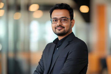Poster - man in a suit and glasses is posing for a photo. he looks serious and focused. the background is blu