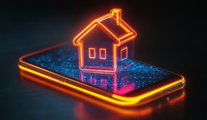 Aufkleber - Neon house icon on smartphone, digital home, glowing display