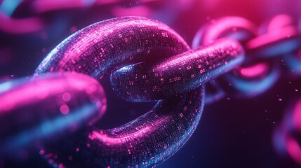 Close-up of a metallic 3d chain link, glowing with pink and blue light, suggesting technology or connection.