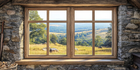 Wall Mural - Scenic view from wooden window showcasing lush green fields and hills in the countryside