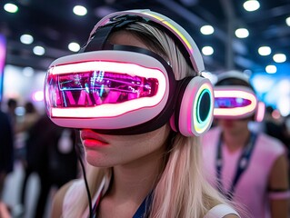 Poster - a festival where attendees wear AR glasses transforming the environment into a digital wonderland, glowing interactive installations, neon colors blending with real-world decor, high-energy crowd,
