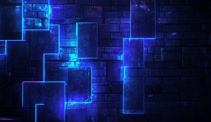 Poster - Neon glowing squares on dark brick wall