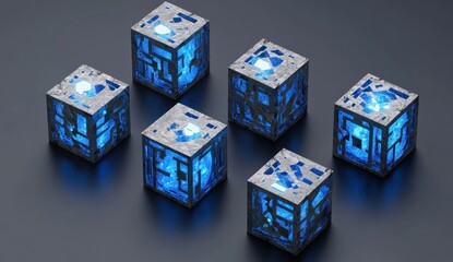 Wall Mural - six glowing blue cubes with intricate designs on a dark background.