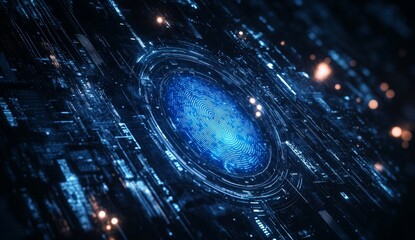 Aufkleber - Futuristic digital interface, circular data processing, dark background, glowing lines