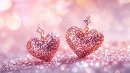 Poster - Artistic shot of pink gold heart earrings with sparkles and glitter around them, against a dreamy backdrop.