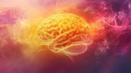 Poster - Vibrant and Abstract Representation of a Brain Surrounded by Colorful Smoke in a Dreamlike Setting