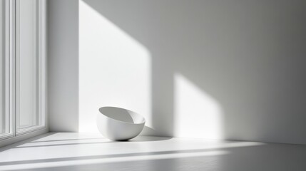 Poster - minimalist interior with a white bowl in a sunlit corner, highlighting shadows and simplicity