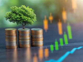 Poster - Growing investment coins with a tree on top atop a desk, financial chart in background