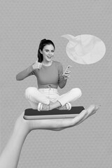 Aufkleber - Vertical collage picture of arm palm hold telephone mini positive girl sit display demonstrate thumb up empty space dialogue bubble