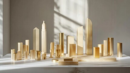 Poster - Golden geometric shapes arranged artistically on a table with soft light casting shadows