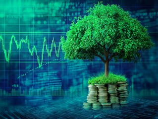 Poster - Growing investment, tree on coins, financial charts background