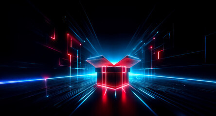 Wall Mural - Open box with red and blue neon light emits glowing rays in a dark, abstract space, creating a futuristic and digital effect.