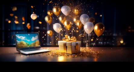 Sticker - a festive scene displays a laptop and a gift box amidst gold and white balloons, and confetti. bokeh