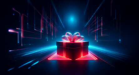 Poster - a glowing gift box with a ribbon sits in a dark, tunnel-like space illuminated by vibrant neon lines